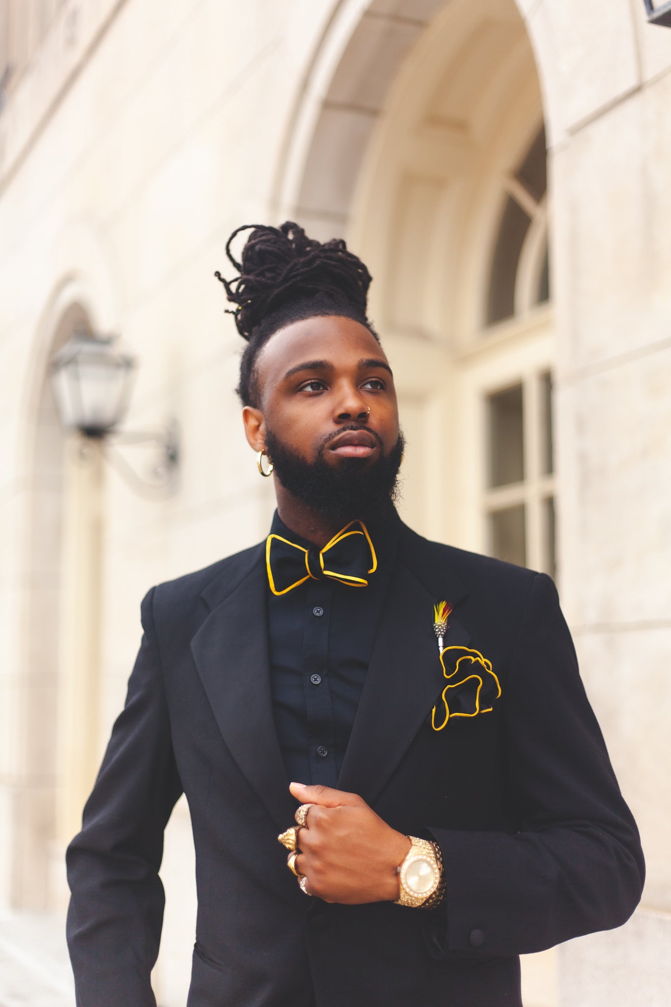 black dress shirt with gold bow tie Elegant Garden Wedding in San Diego